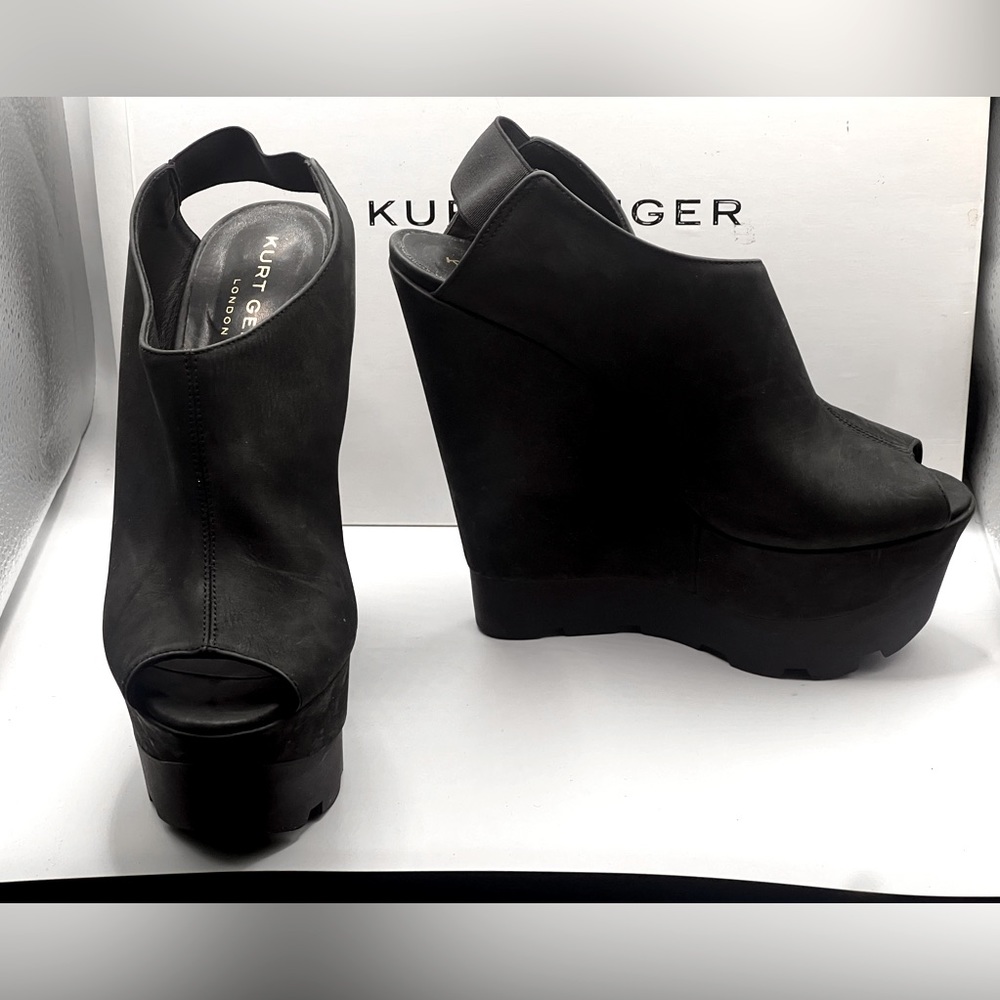 Sexy Black Leather Kurt Geiger Peep-toe Wedge Platforms